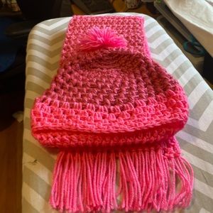 Hand knit scarf and Hat set in pink and lavender made my my 80 year old mother.